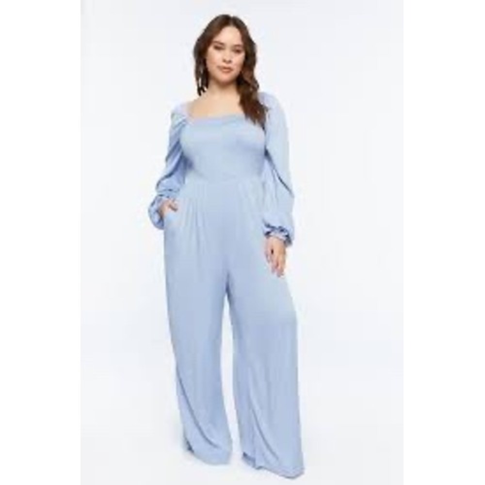 NWT Plus Size Periwinkle Blue Smocked Bodice Wide‎ Leg Jumpsuit Long Sleeve